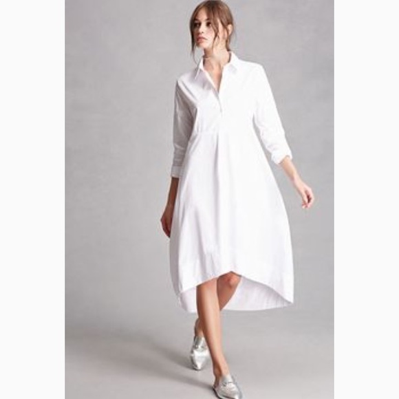 Dresses & Skirts - White shirt dress Hi Lo hem, pockets, stretch M